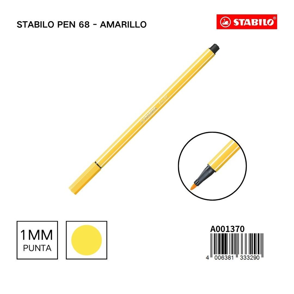 Rotulador STABILO 68 1mm amarillo - Materiales escolares