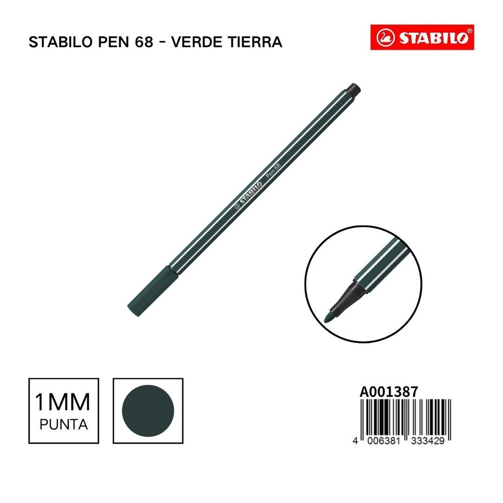 Rotulador acuarelable Stabilo Pen 68 verde tierra 1mm