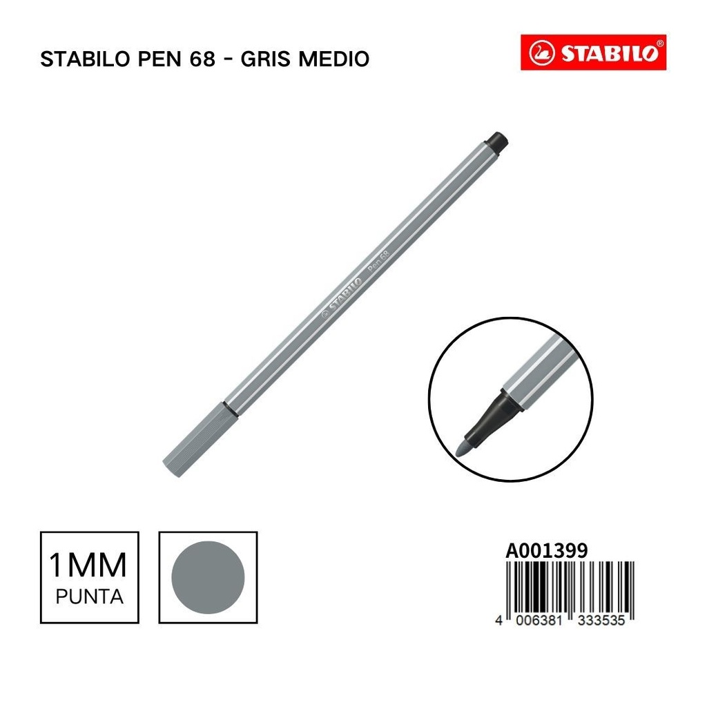 Rotulador STABILO 68 1mm gris medio - Materiales escolares