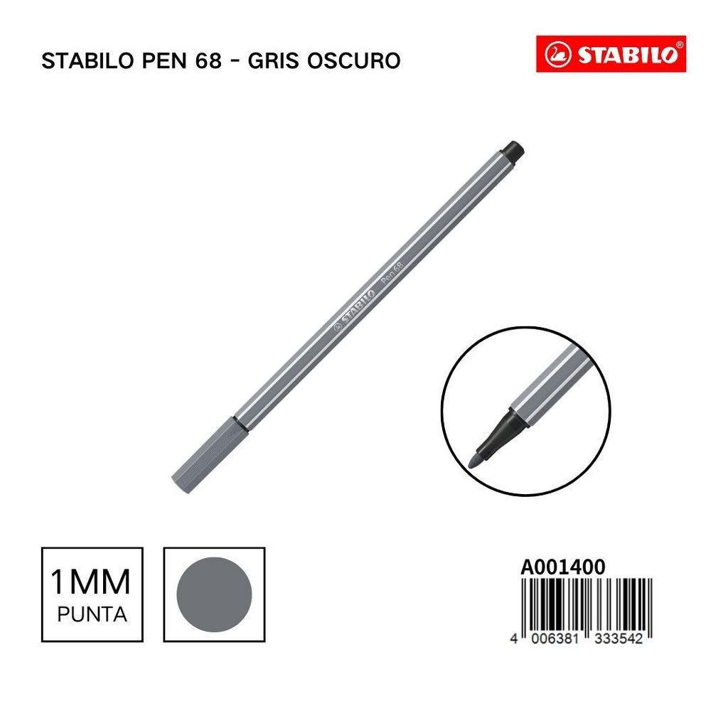 Stabilo Pen 68 rotulador acuarelable 1mm gris oscuro para dibujo