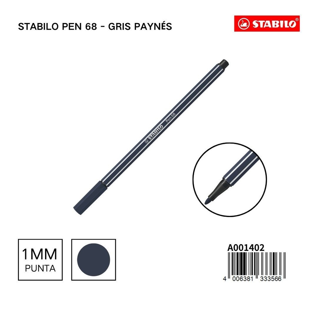 Stabilo 68 acuarelable 1mm gris Paynés para dibujo