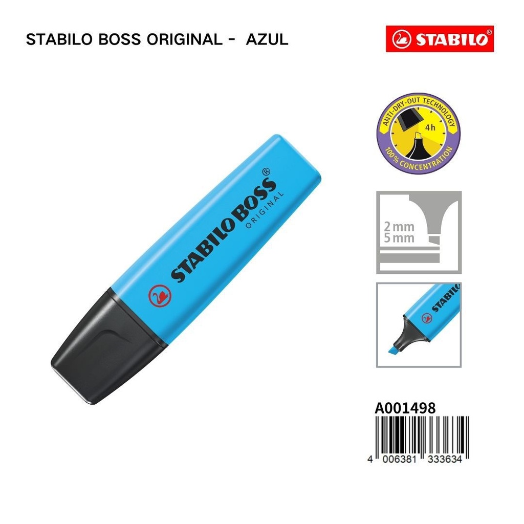 Rotulador fluorescente Stabilo Boss Original azul 2/5mm para escritura y destacamiento