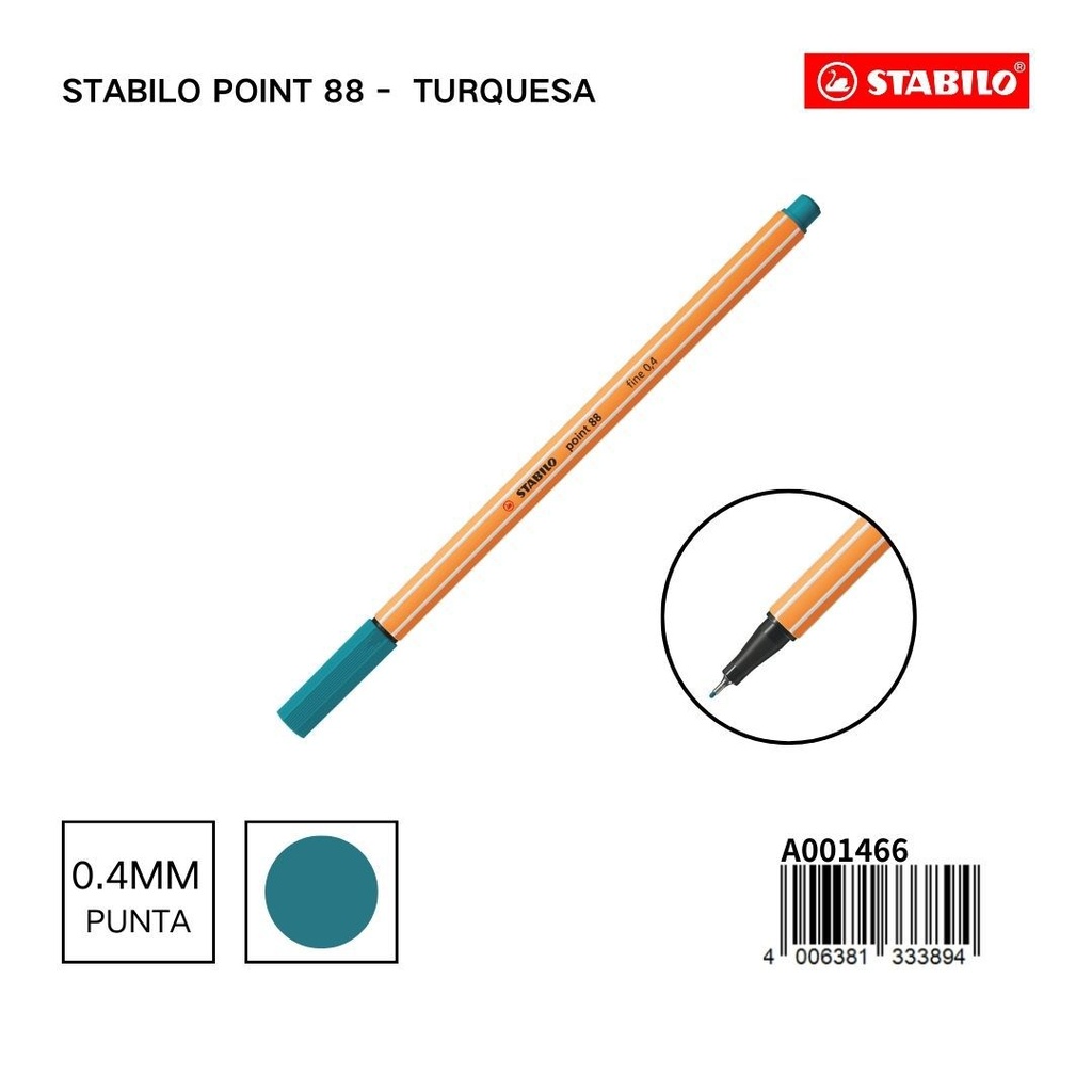 Bolígrafo delgado STABILO point 88 turquesa - Papelería colorida