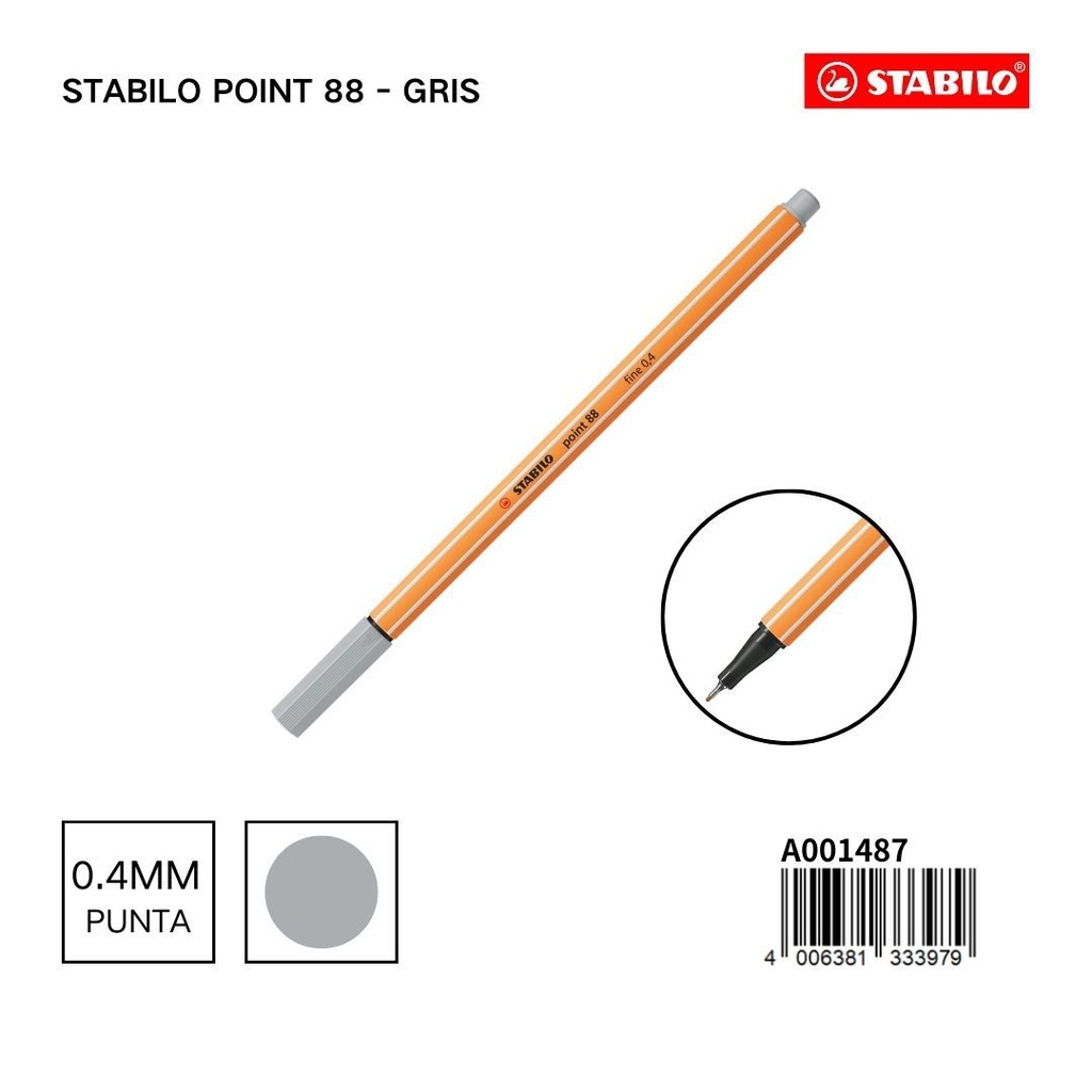 Stabilo point 88 bolígrafo de fibra 0.4mm gris para escritura y dibujo