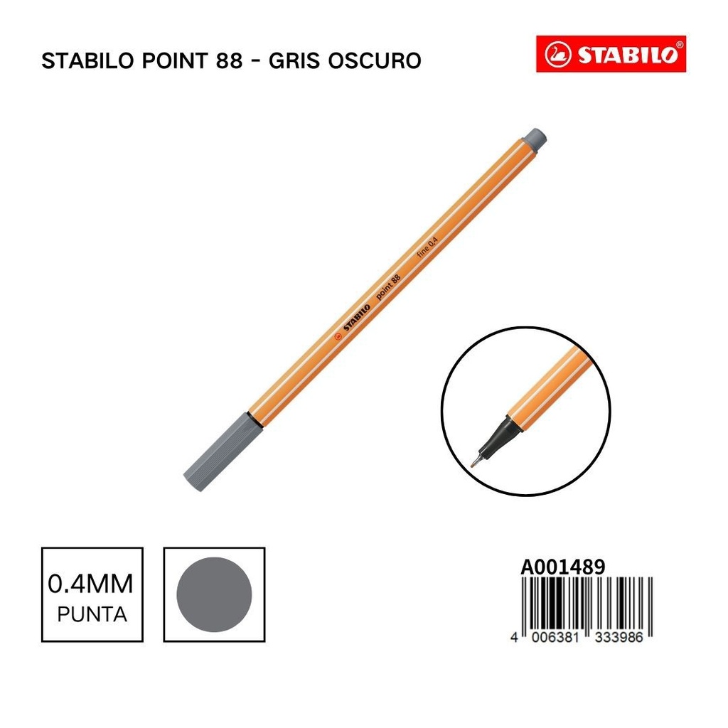 Stabilo point 88 bolígrafo de punta fina 0.4mm gris oscuro