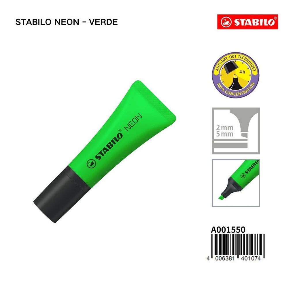 Stabilo rotulador fluorescente verde 2/5mm