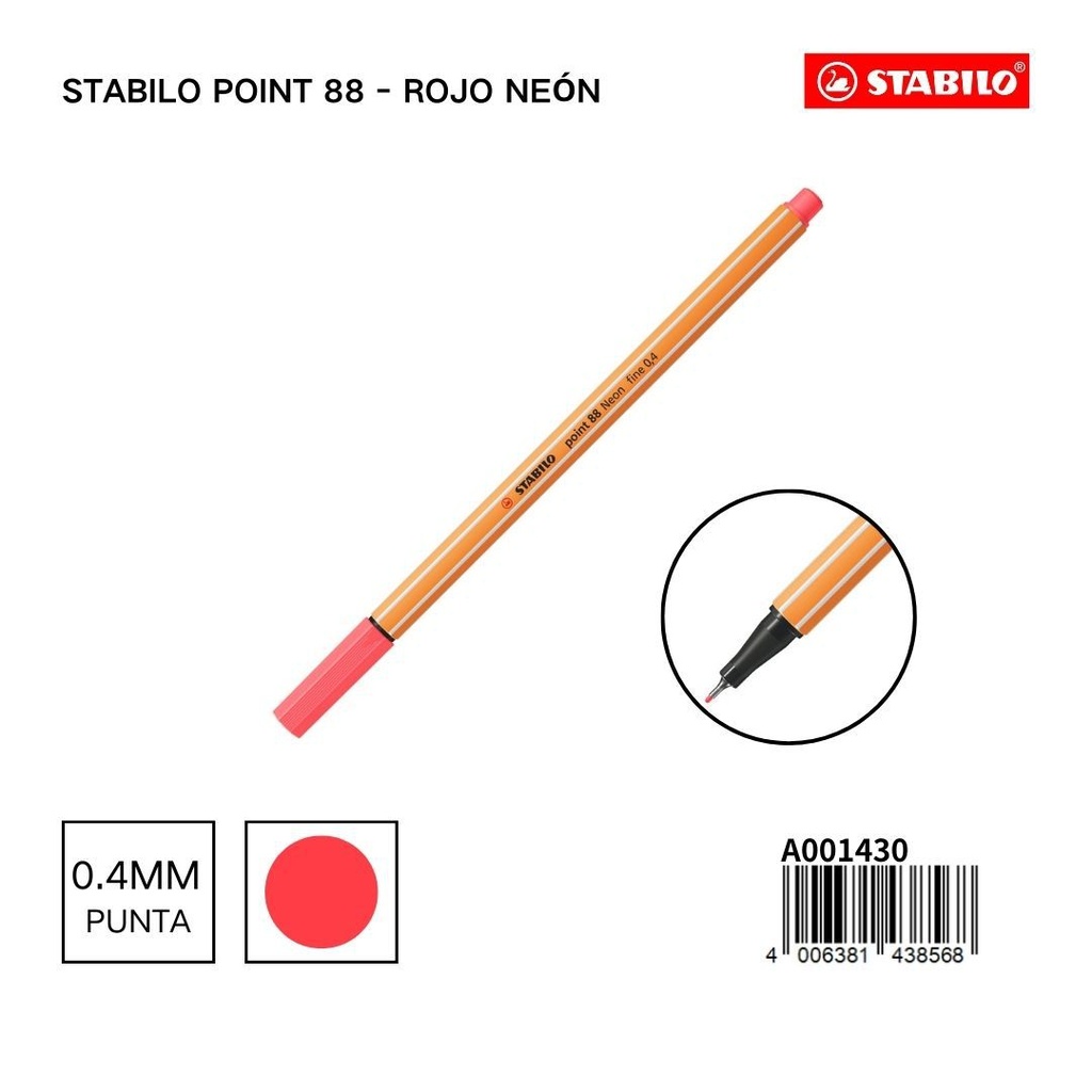 Bolígrafo delgado STABILO point 88 rojo neón - Papelería vibrante