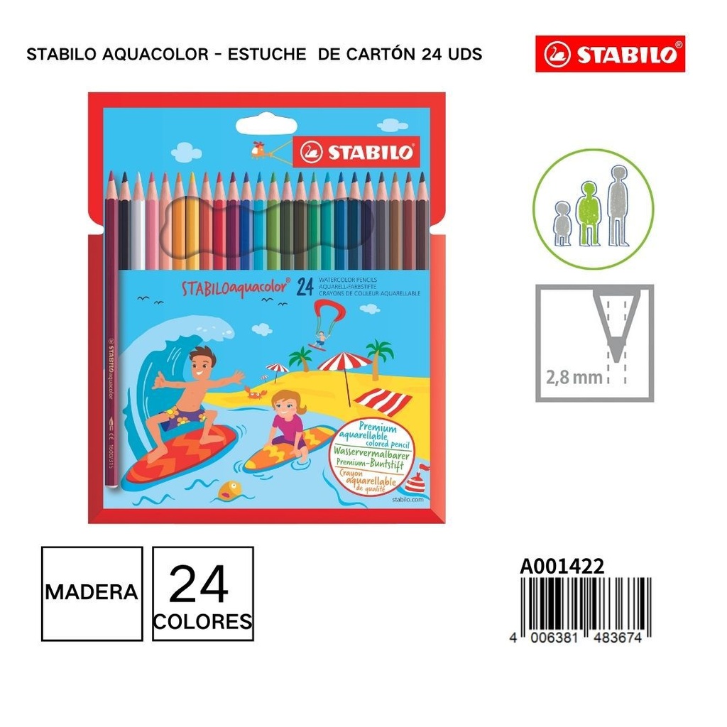 Estuche de lápices de colores acuarelables Stabilo 24 uds, material de dibujo