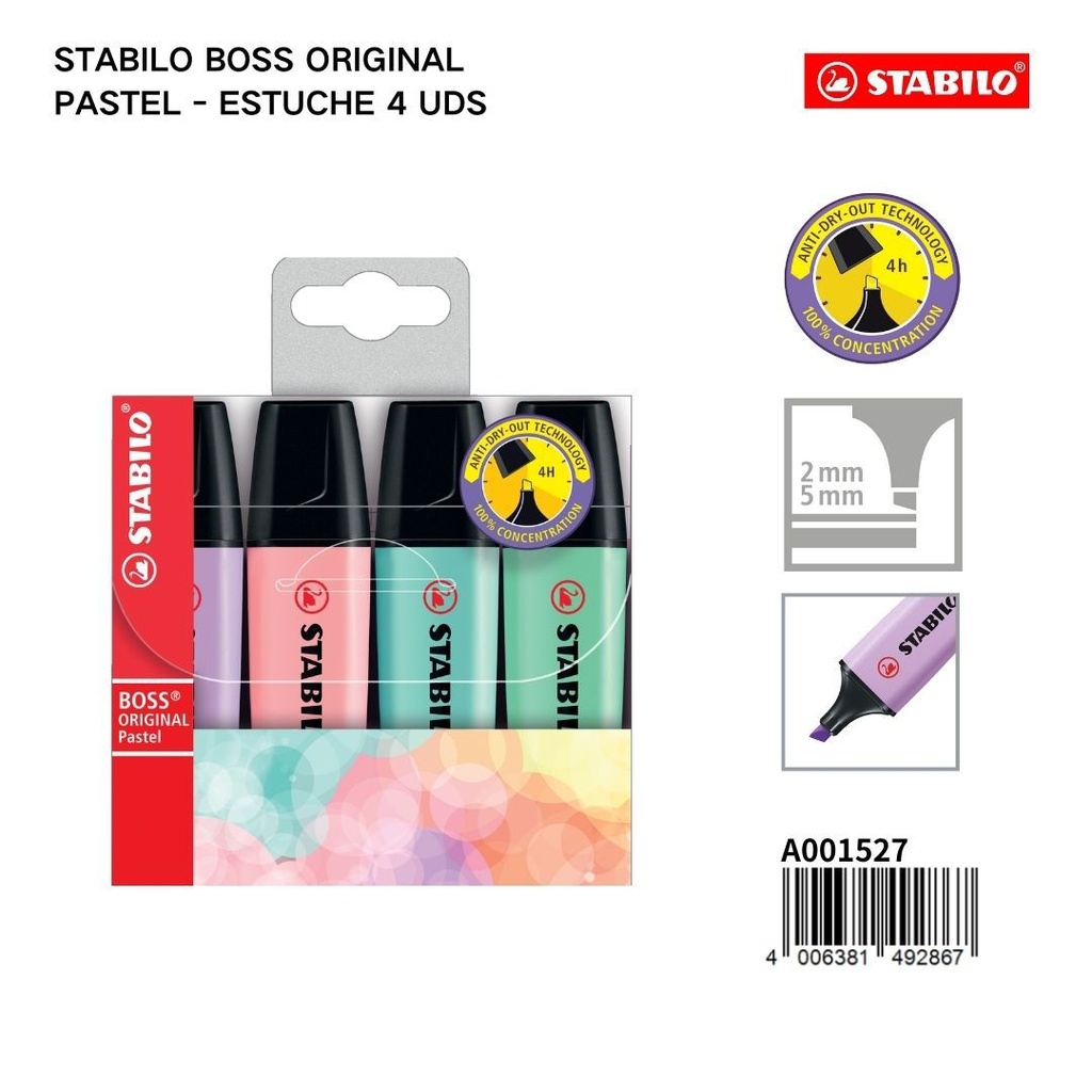 Estuche 4 rotuladores Stabilo Boss Original pastel para escritura