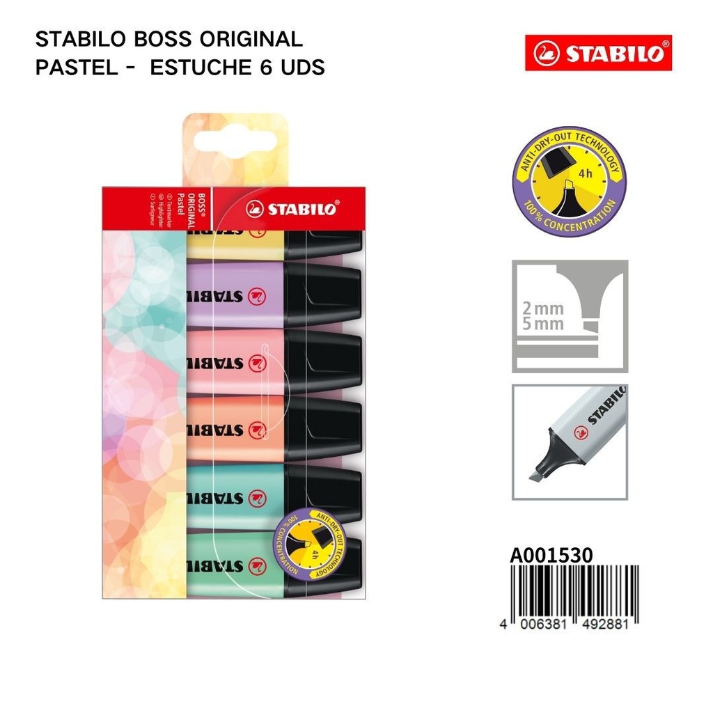 Estuche 6 marcadores pastel Stabilo Boss original para papelería
