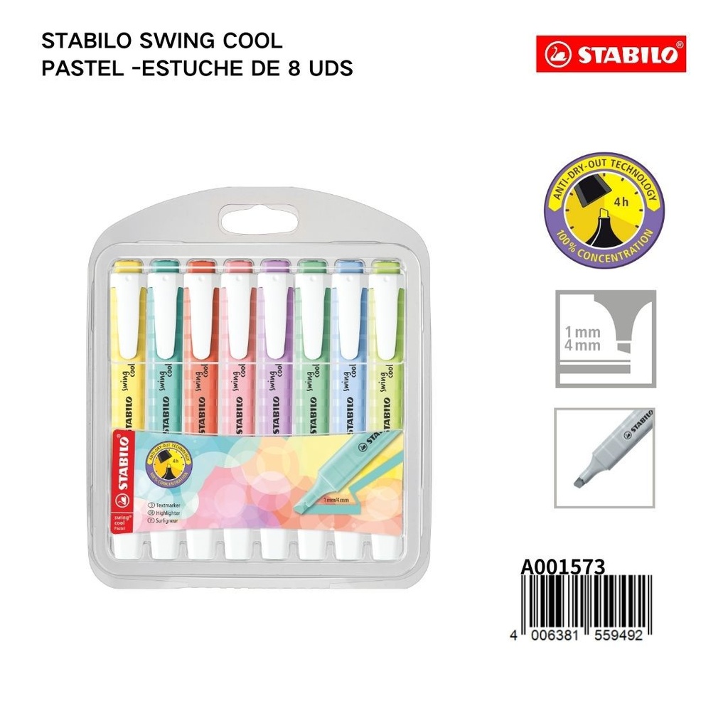 Rotuladores fluorescentes Stabilo pastel swing cool 1-4mm, estuche de 8 uds para escritura y destacador