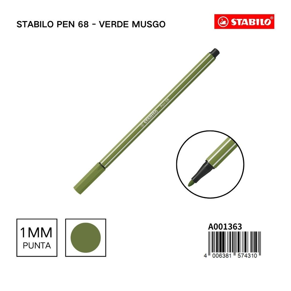 Rotulador Stabilo Pen 68 1mm verde musgo para detalles y dibujo