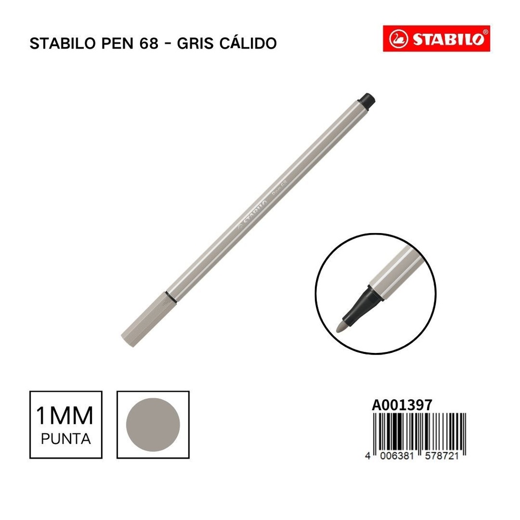 Rotulador acuarelable Stabilo Pen 68 gris cálido 1mm para dibujo y escritura