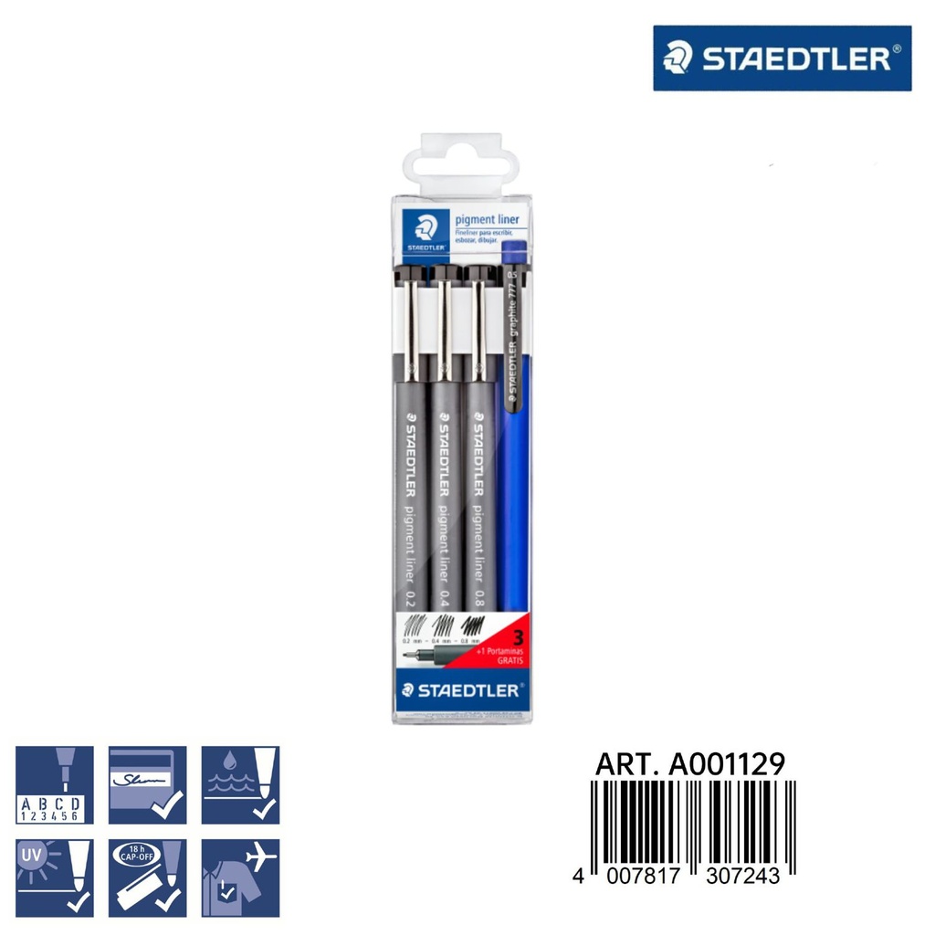 Rotulador delineador Staedtler 0.2/0.4/0.8mm negro 4pz para dibujo y escritura