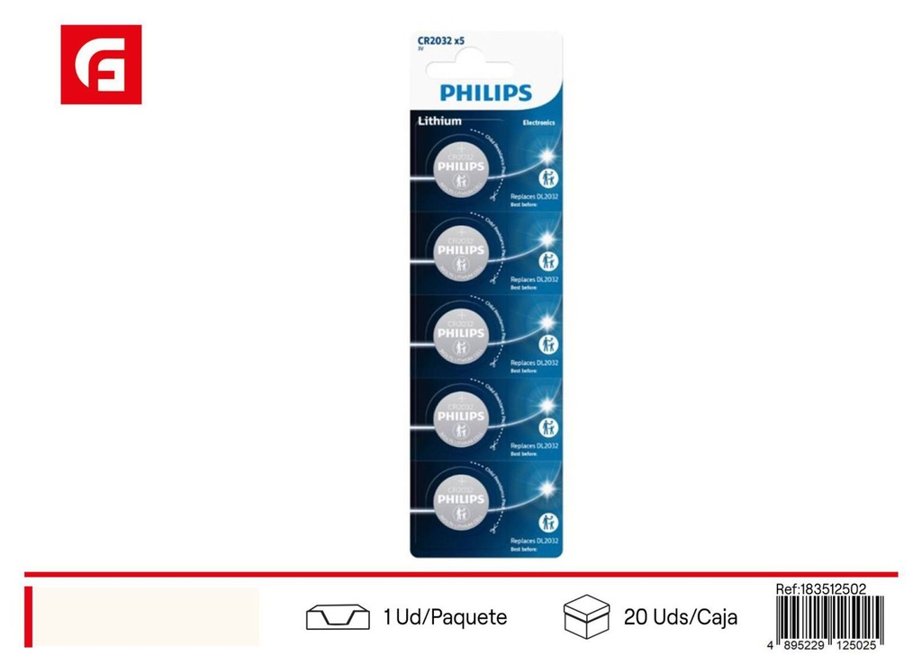 Pila botón CR2032 Philips 3V x5 litio