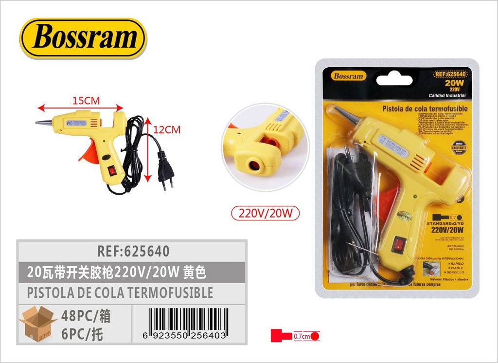 Pistola de cola termofusible 20W amarilla con interruptor para manualidades