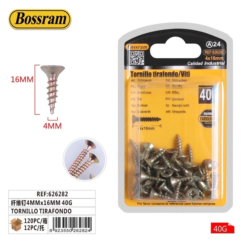 Tornillo tirafondo 4mmx16mm 40g para sujeción y fijación