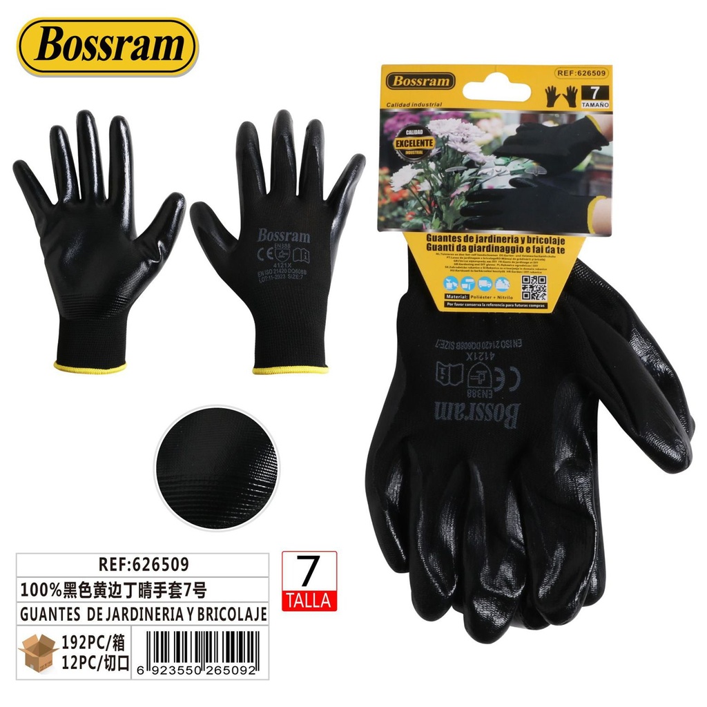 Guantes de jardinería y bricolaje 100% nitrilo negro con borde amarillo talla 7