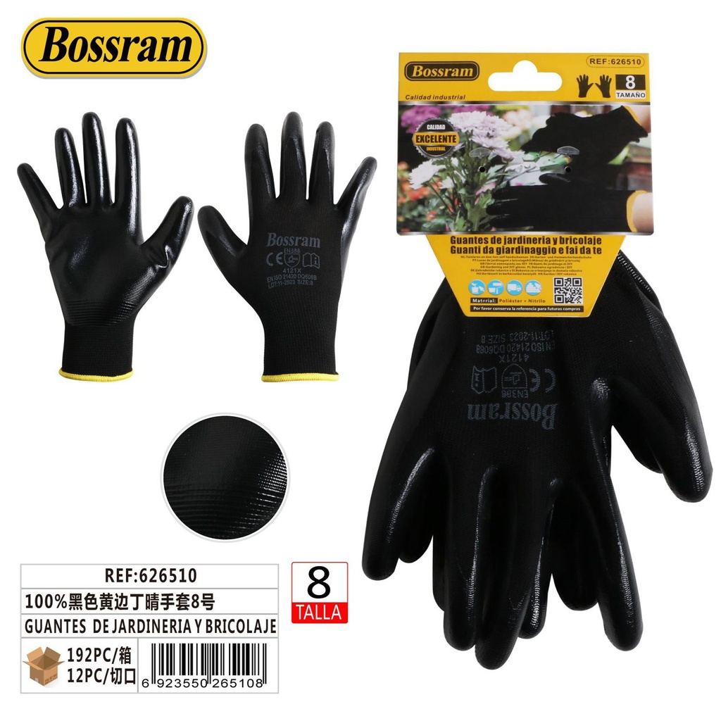 Guantes de jardinería y bricolaje 100% negros con borde amarillo para protección