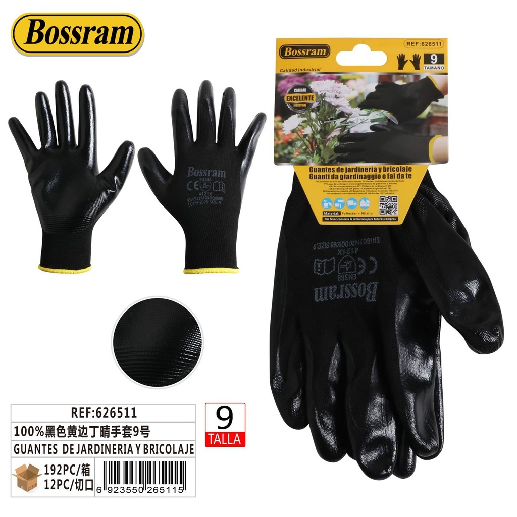 Guantes de jardinería y bricolaje negros con borde amarillo