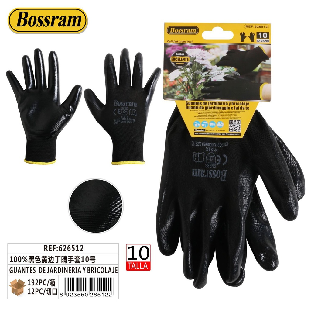 Guantes de jardinería y bricolaje negros con borde rojo talla 10