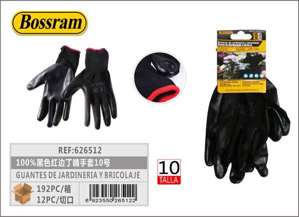 Guantes de jardinería y bricolaje negros con borde rojo talla 10