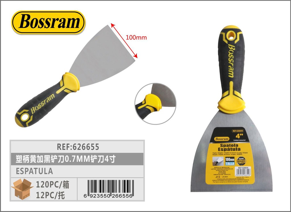 Espátula trapezoidal de plástico amarillo y negro 100mm