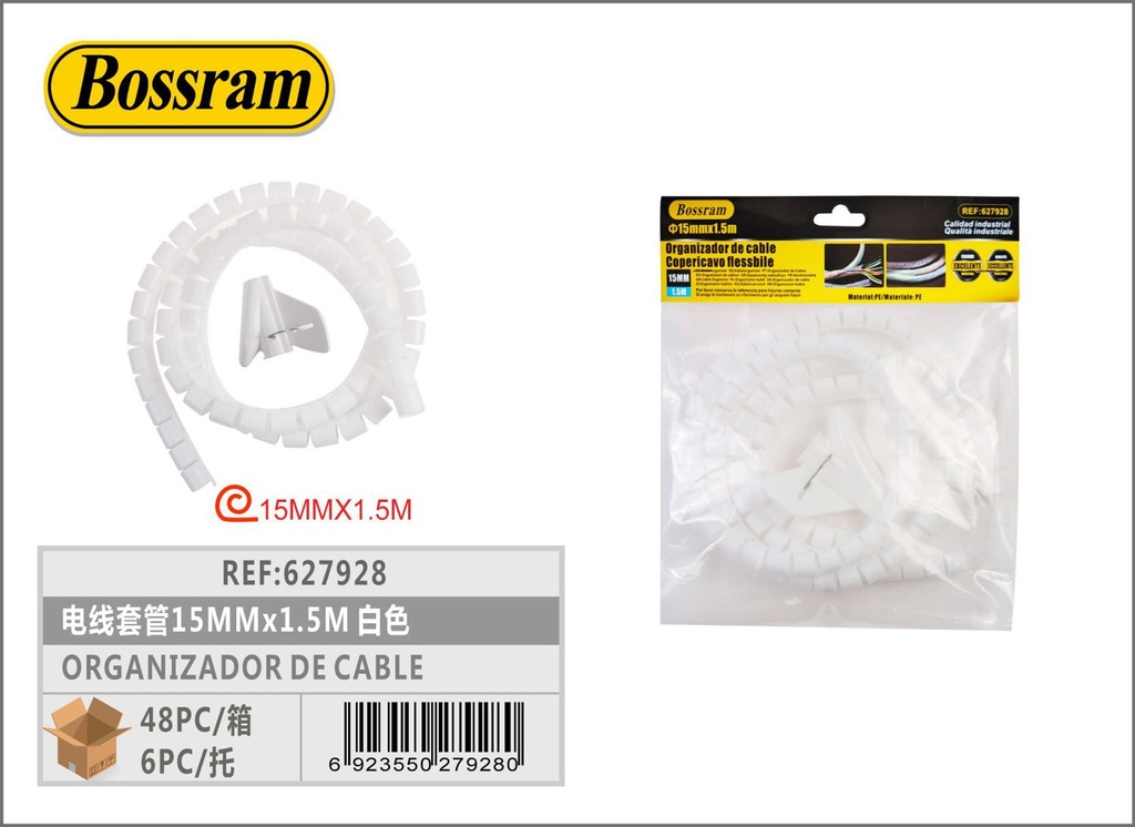 Organizador de cables 15mmx1.5m blanco para gestión de cables