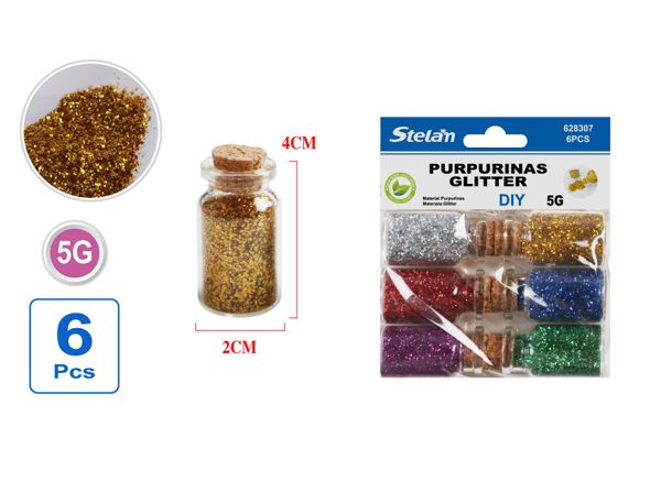 Set 6pc purpurina en botellas de vidrio 5g