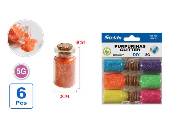 Set de 6 piezas de purpurina 5g en botellas de vidrio para manualidades