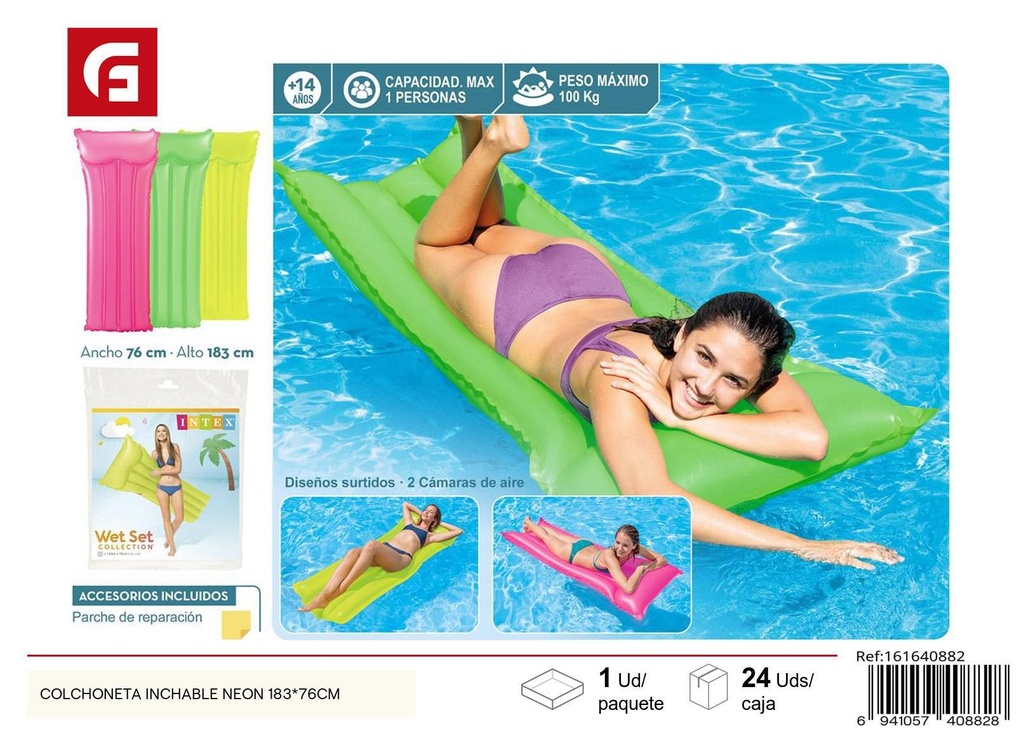 Colchoneta inflable neón 183*76cm para piscina y playa
