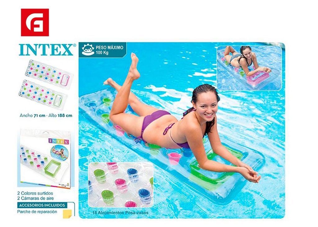 Colchoneta inflable 18 vasos transparentes para piscina