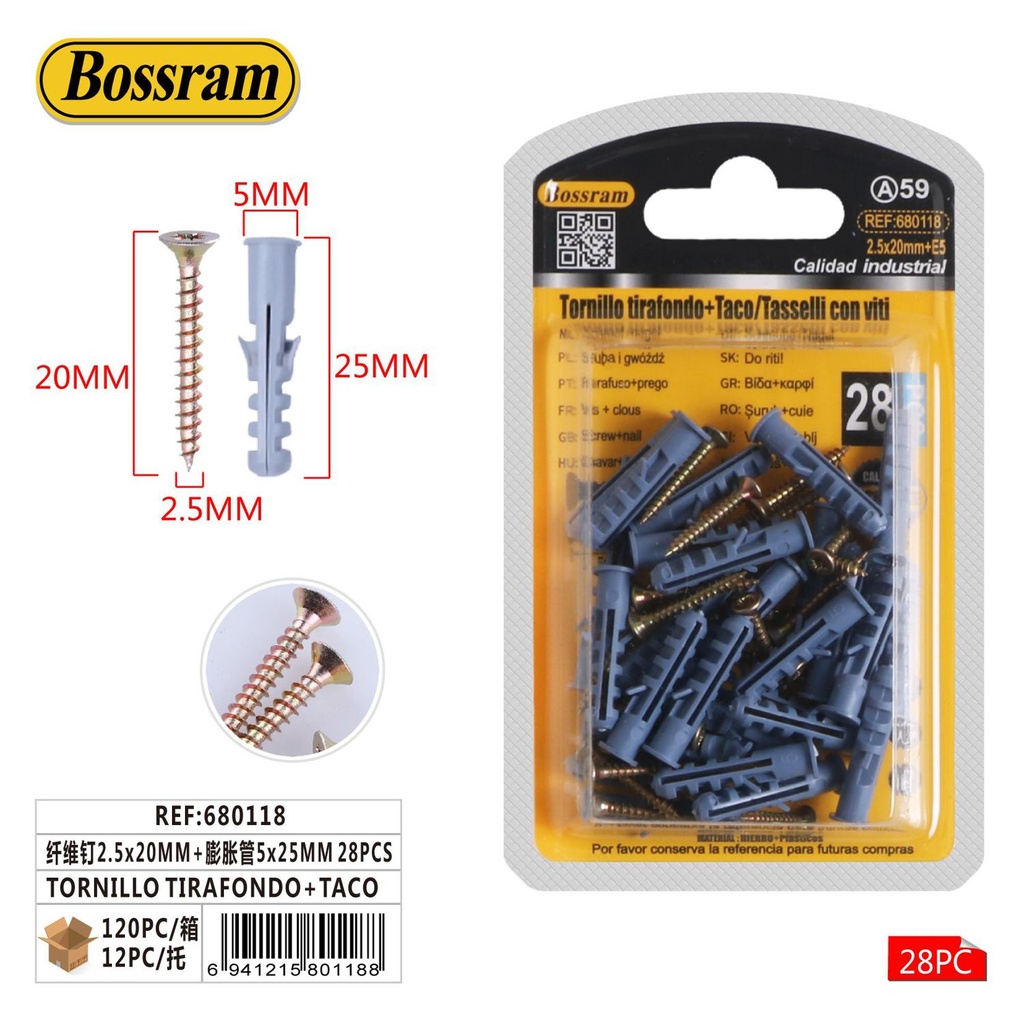 Tornillo tirafondo/taco 2.5x20mm + 5x25mm 28pcs para fijación