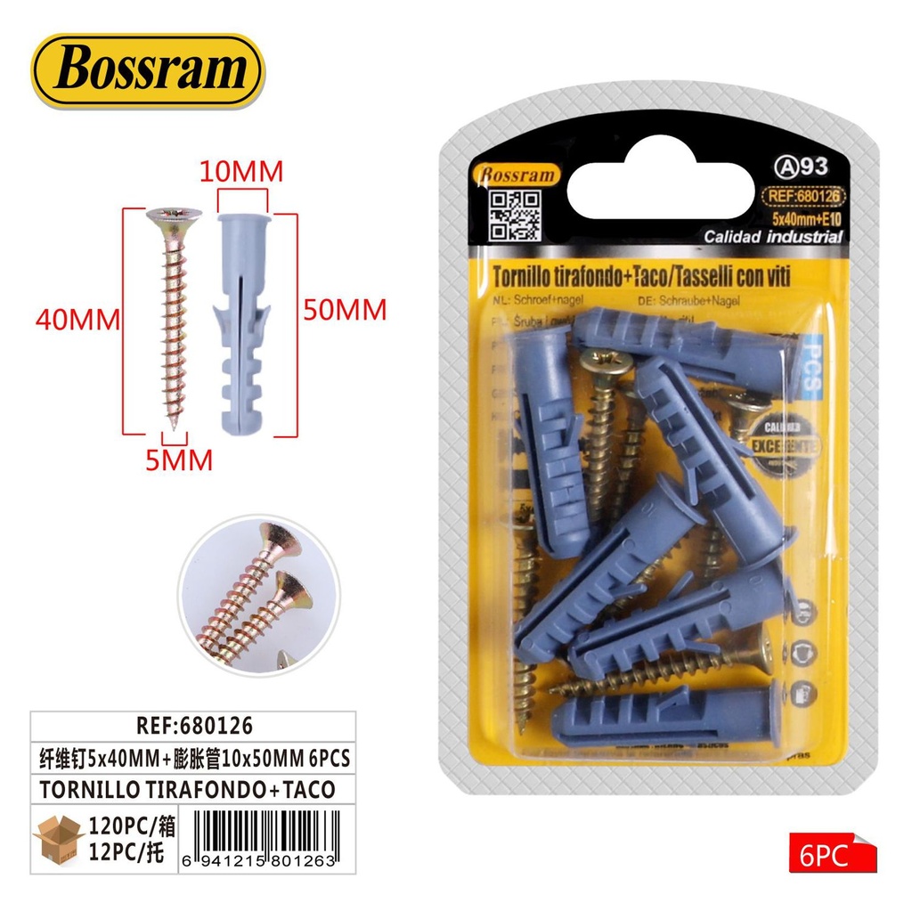 Tornillo tirafondo con taco de expansión 5x40mm y 10x50mm 6pcs para fijación