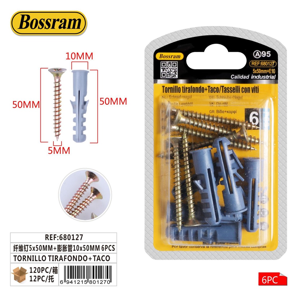 Tornillo tirafondo con taco 5x50mm 6pcs para fijación