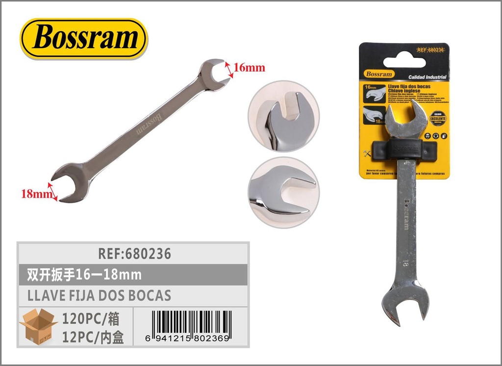 Llave fija de dos bocas 16-18mm para herramientas y reparaciones