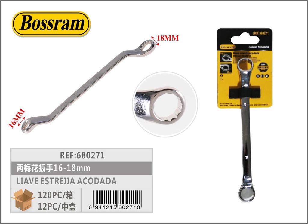 Llave estrella acodada 16-18mm para ferretería