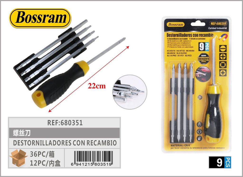 Destornilladores con recambio 22cm 9pcs herramientas de ferretería