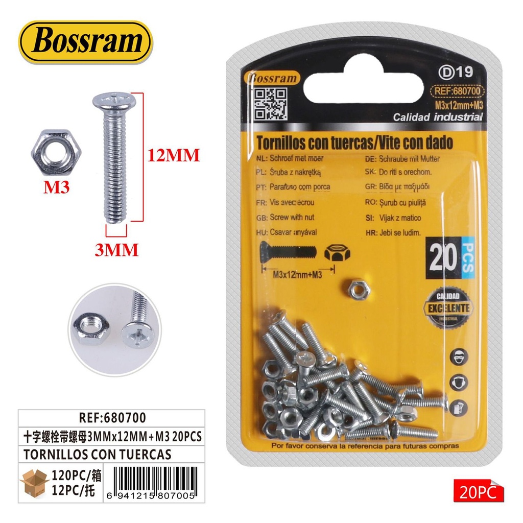 Tornillos con tuercas 3mmx12mm+M3 20pcs para fijación