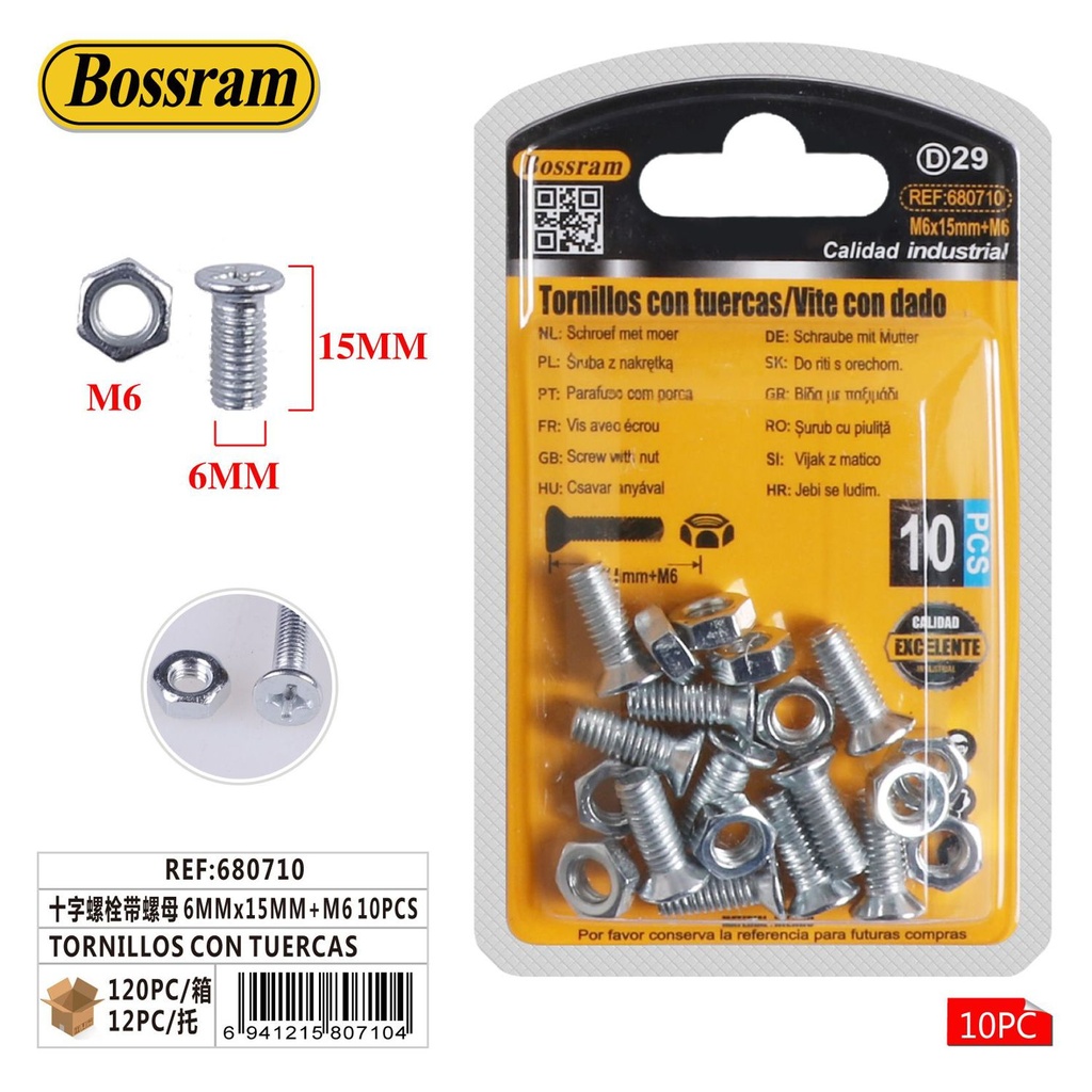 Tornillos con tuercas 6mmx15mm+m6 10pcs para fijación