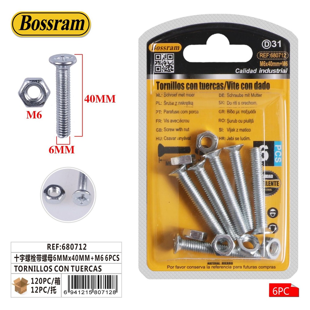 Tornillos con tuercas 6mmx40mm 6pcs para fijación y sujeción