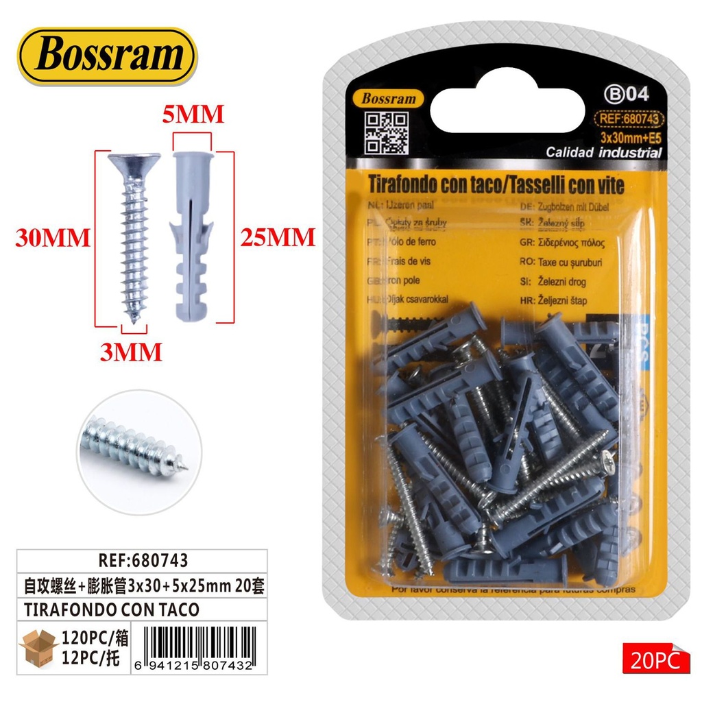 Tirafondo con taco 3x30+5x25mm 20pcs para fijación y montaje