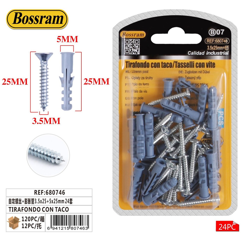 Tirafondo con taco 3.5x25+5x25mm 24 sets para fijaciones