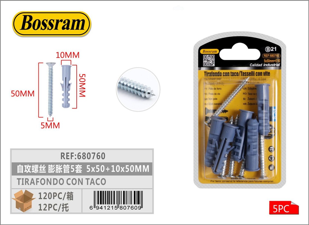 Tirafondo con taco 5x50mm + 10x50mm 5 sets