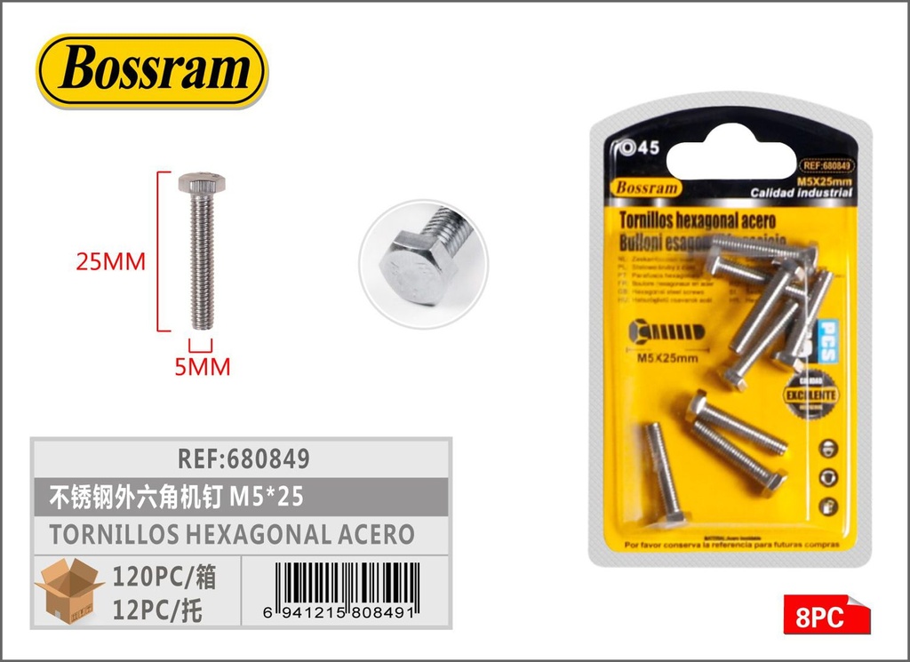 Tornillos hexagonales de acero inoxidable M5*25 8pcs para fijación y montaje