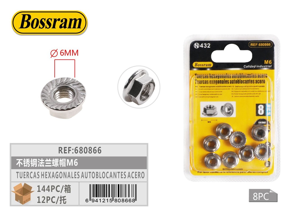 Tuercas hexagonales autoblocantes acero M6 8pcs