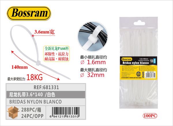 Bridas de nylon blanco 3.6x140mm 100pcs para sujeción y fijación