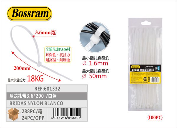 Bridas de nylon blancas 3.6*200mm 100pcs