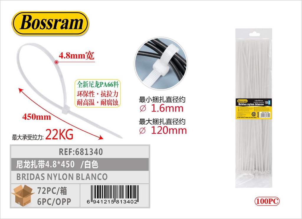 Bridas de nylon blanco 4.8x450mm, paquete de 100