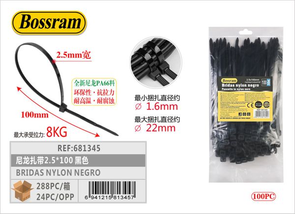 Bridas de nylon negro 2.5x100mm 100 piezas para sujeción y fijación